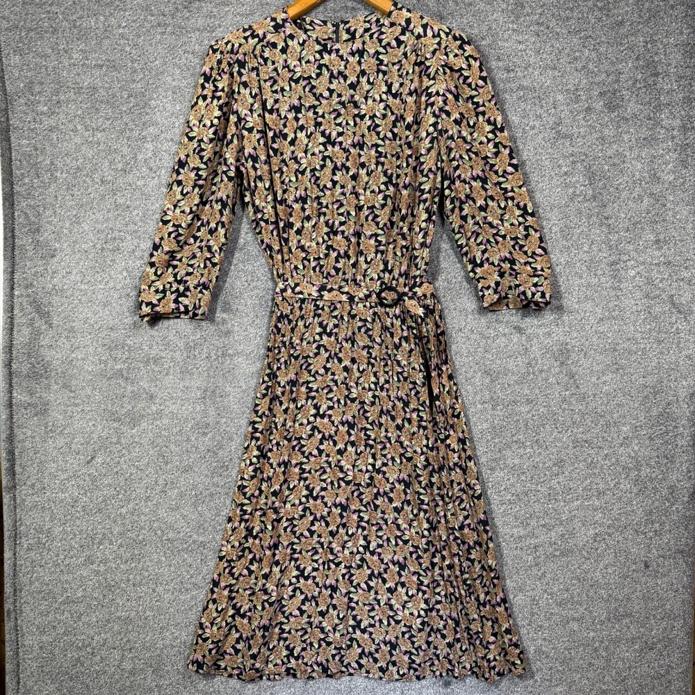 Vintage Karin Stevens Dress Womens M Floral Midi Black Belted Puff Sleeve